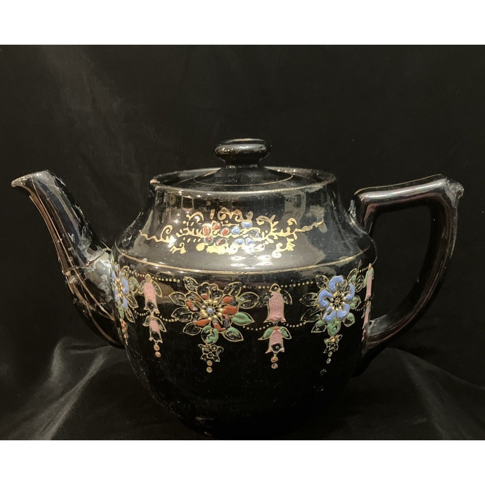 Hand Painted VTG Black Teapot Gold Trim Moriage Raised Dots  Japan Glued Spout
